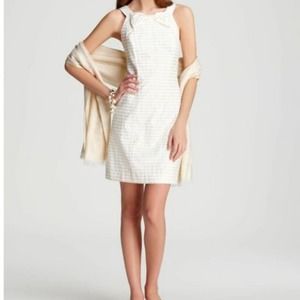 Lilly Pulitzer Henley Dress Gold Metallic Tiny Corded Organza Stripe Size 2